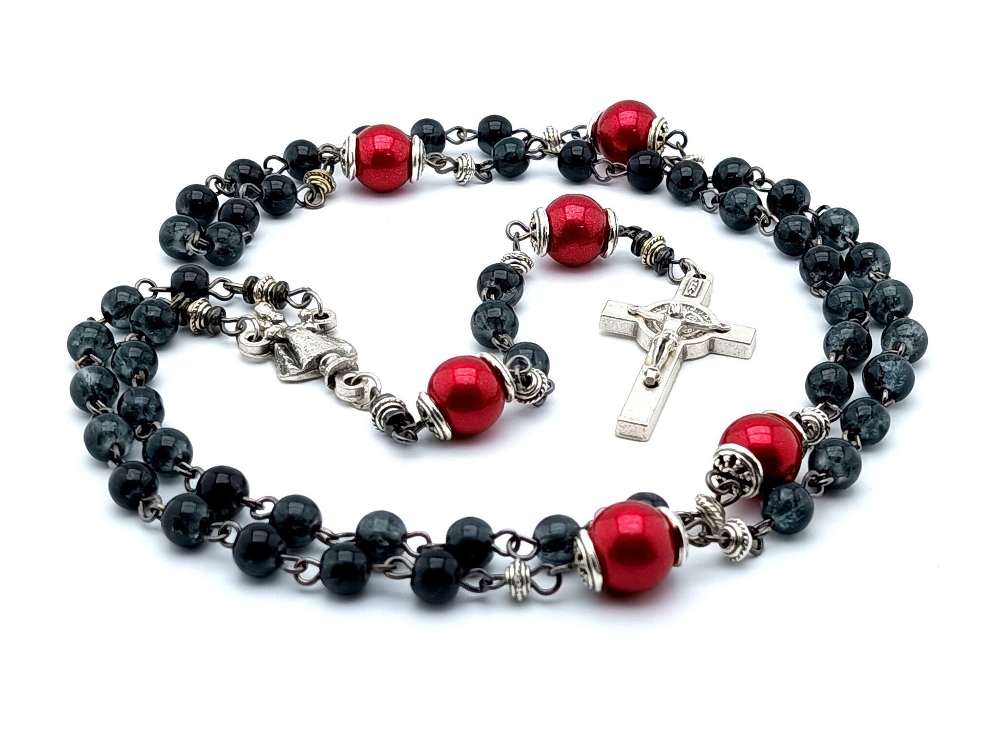 Infant of Prague unique rosary beads with black and red glass beads, silver Saint Benedict crucifix and centre medal.