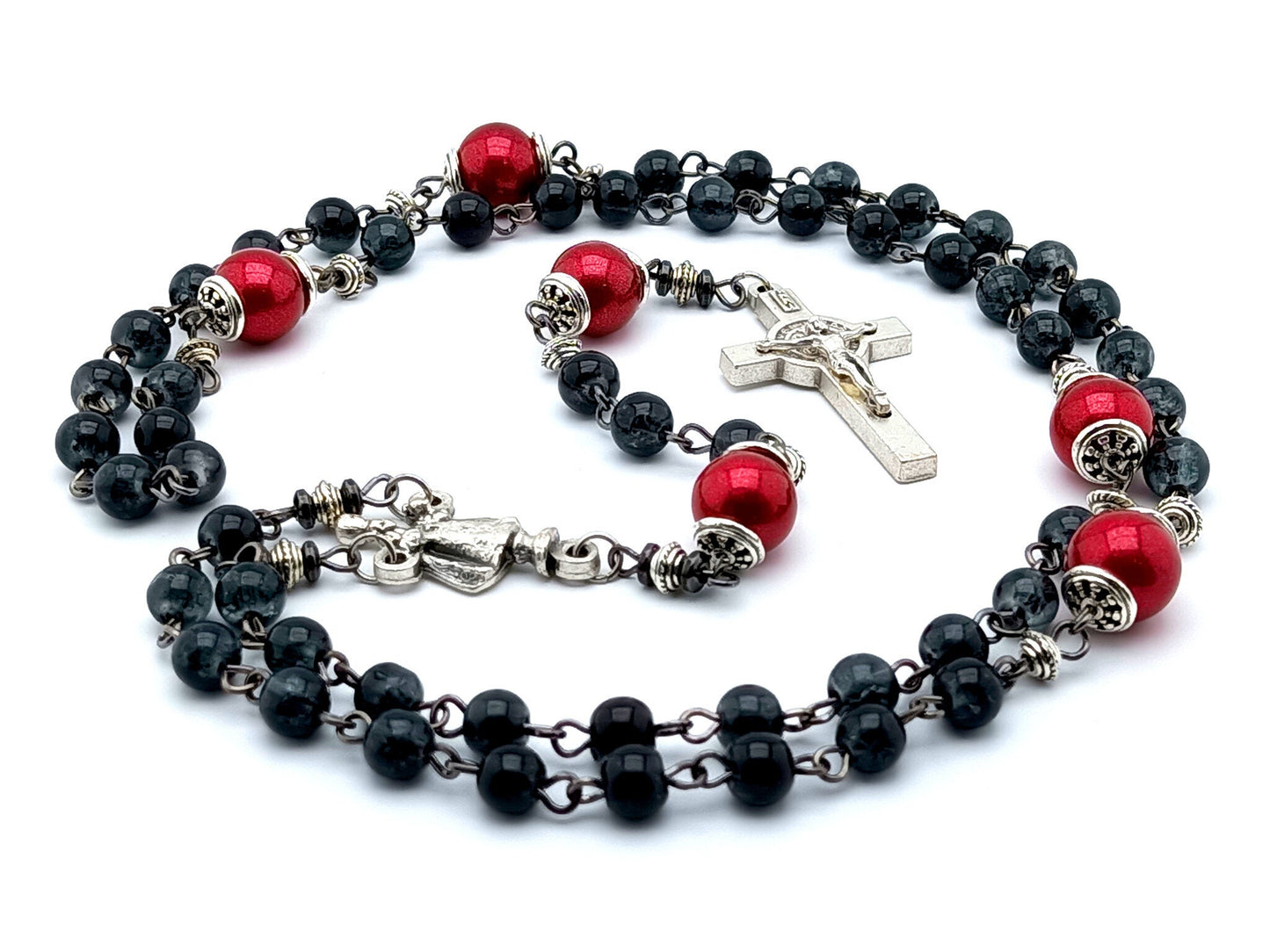Infant of Prague unique rosary beads with black and red glass beads, silver Saint Benedict crucifix and centre medal.
