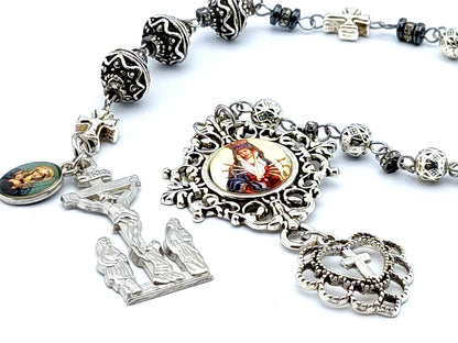 Our Lady of Sorrows unique rosary beads dolor servite rosary with silver metal beads, picture centre medal and two Marys crucifix.