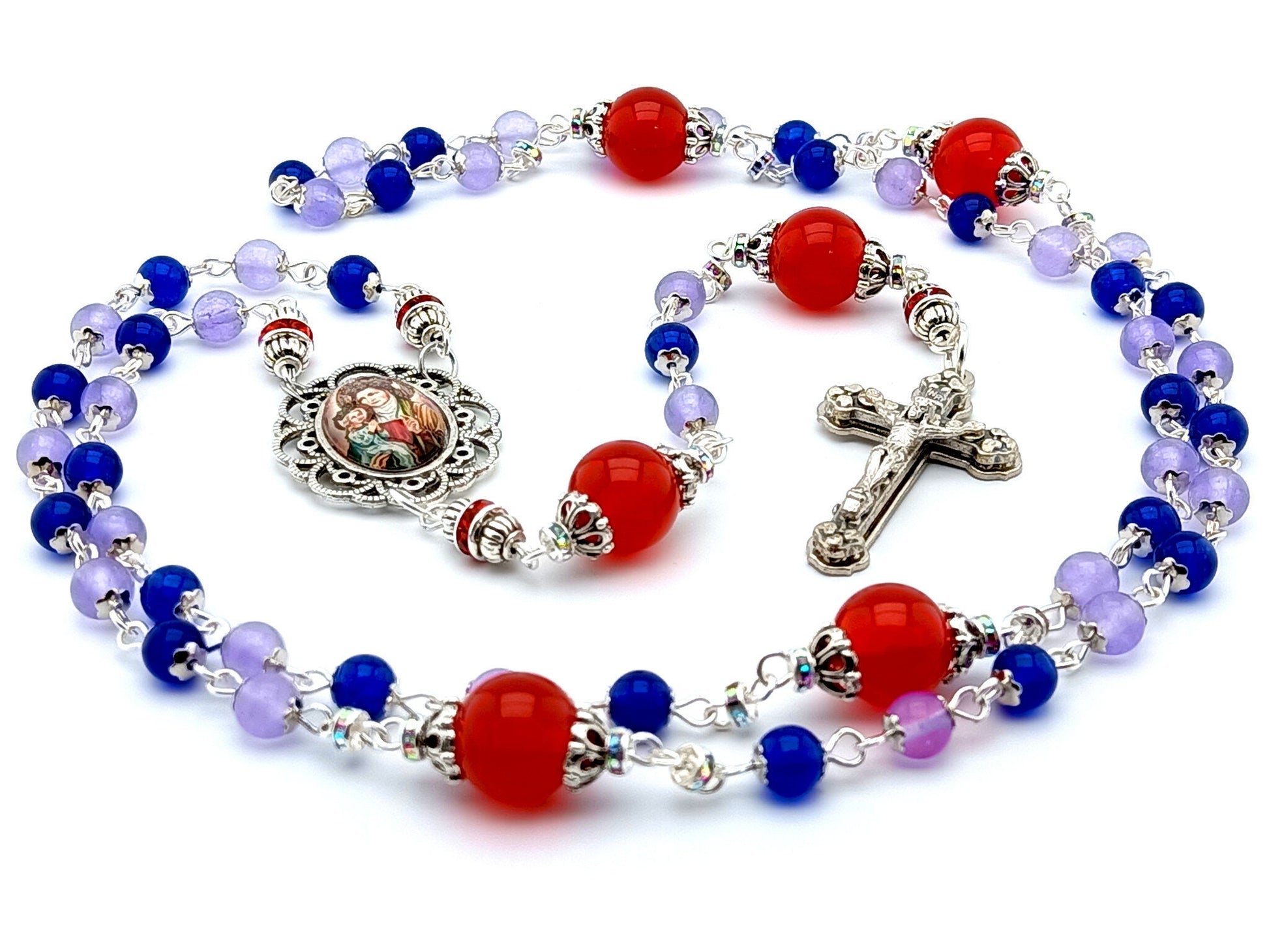 Saint Ann unique rosary beads with sapphire alexandrite and red jade beads, silver hearts crucifix and picture centre medal.