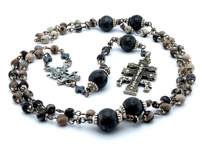 Saint Michael unique rosary beads with labradorite gemstone beads, Caravaca crucifix, metal centre medal and large veined black jade pater beads.