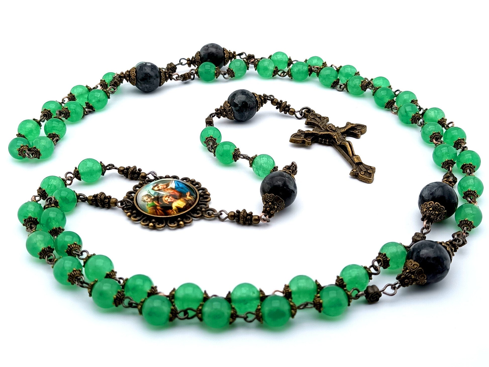 Holy Family unique rosary beads with green jade gemstone beads, bronze crucifix, picture centre medal and labradorite pater beads.