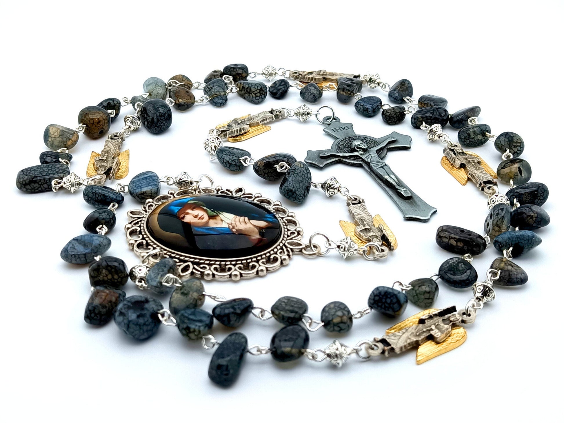 Our Lady of Sorrows unique rosary beads with quartz gemstone beads, pewter Saint Benedict crucifix, angel pater beads and large silver picture centre medal.