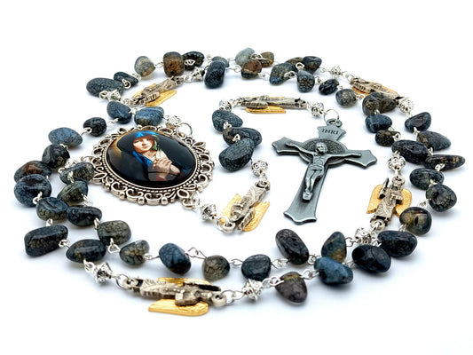 Our Lady of Sorrows unique rosary beads with quartz gemstone beads, pewter Saint Benedict crucifix, angel pater beads and large silver picture centre medal.