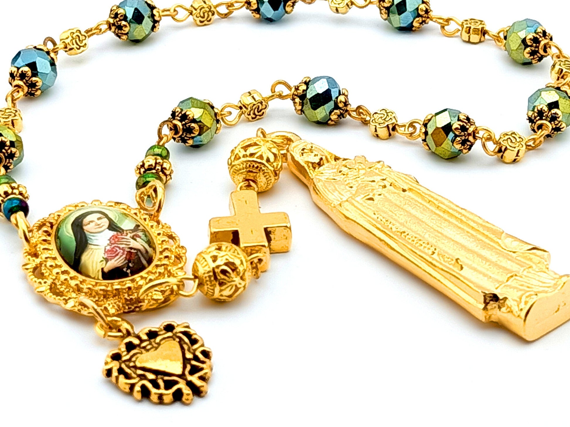 Saint Therese of Lisieux unique rosary beads single decade rosary with faceted green glass beads, golden statue medal, picture centre medal and pater bead.