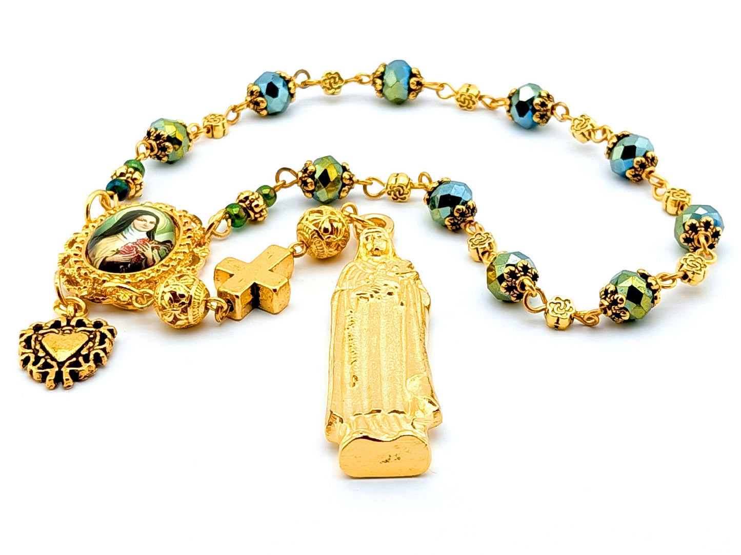 Saint Therese of Lisieux unique rosary beads single decade rosary with faceted green glass beads, golden statue medal, picture centre medal and pater bead.