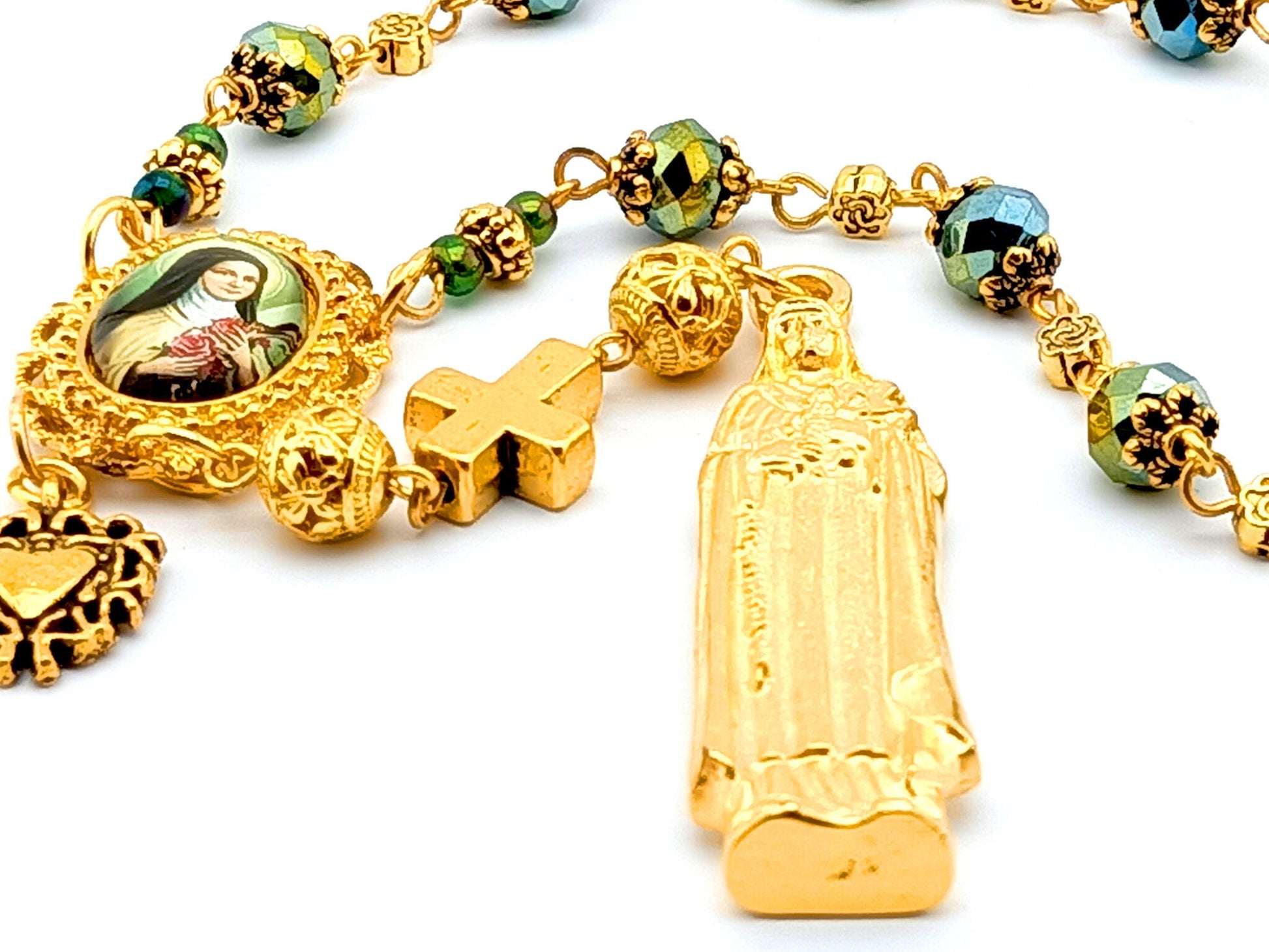Saint Therese of Lisieux unique rosary beads single decade rosary with faceted green glass beads, golden statue medal, picture centre medal and pater bead.