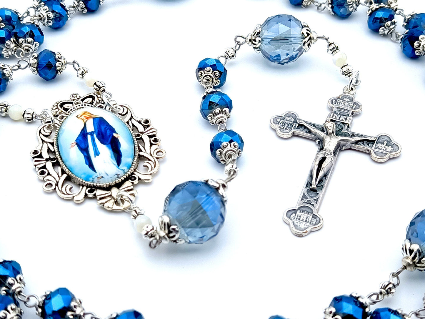 Our Lady of Grace unique rosary beads with blue faceted glass and pearl beads with silver four basilicas crucifix and picture centre medal.