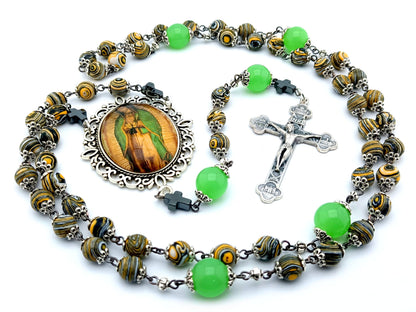 Our Lady of Guadalupe unique rosary beads with malachite gemstone beads, jade pater beads, silver crucifix and picture centre medal.