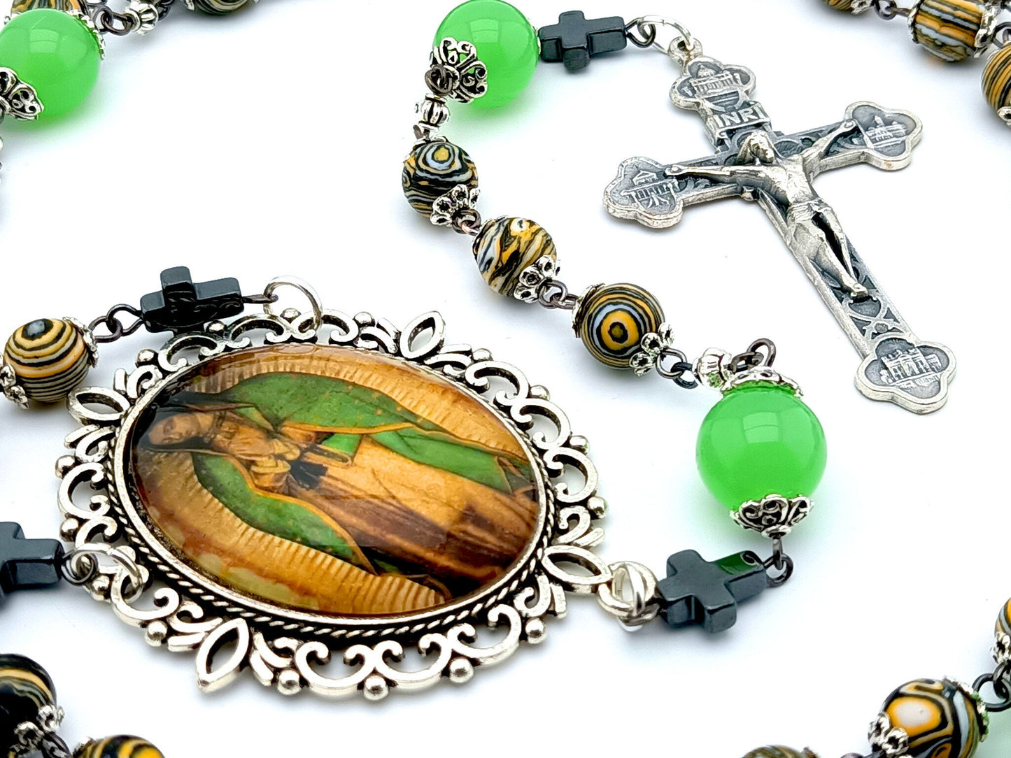 Our Lady of Guadalupe unique rosary beads with malachite gemstone beads, jade pater beads, silver crucifix and picture centre medal.