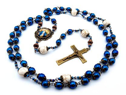 Our Lady Queen of Heaven unique rosary beads with blue hematite beads, bronze crucifix bead caps and picture centre medal.