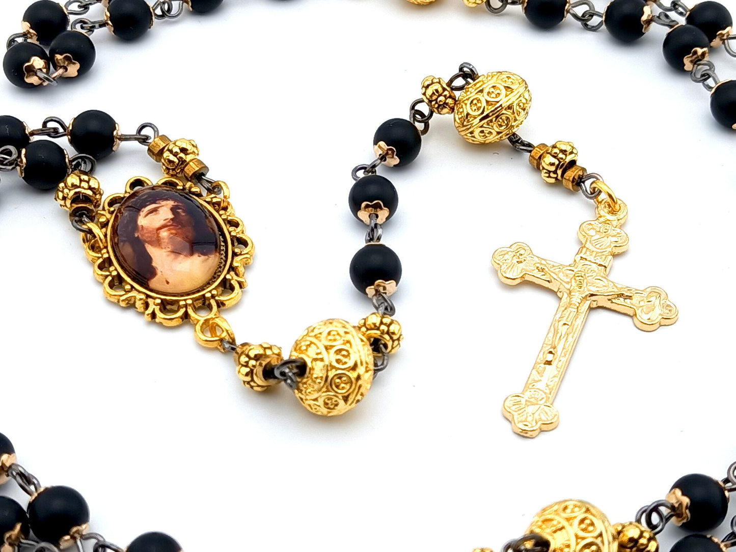 Crown of Thorns unique rosary beads with black onyx and gold beads, golden crucifix and picture centre medal.