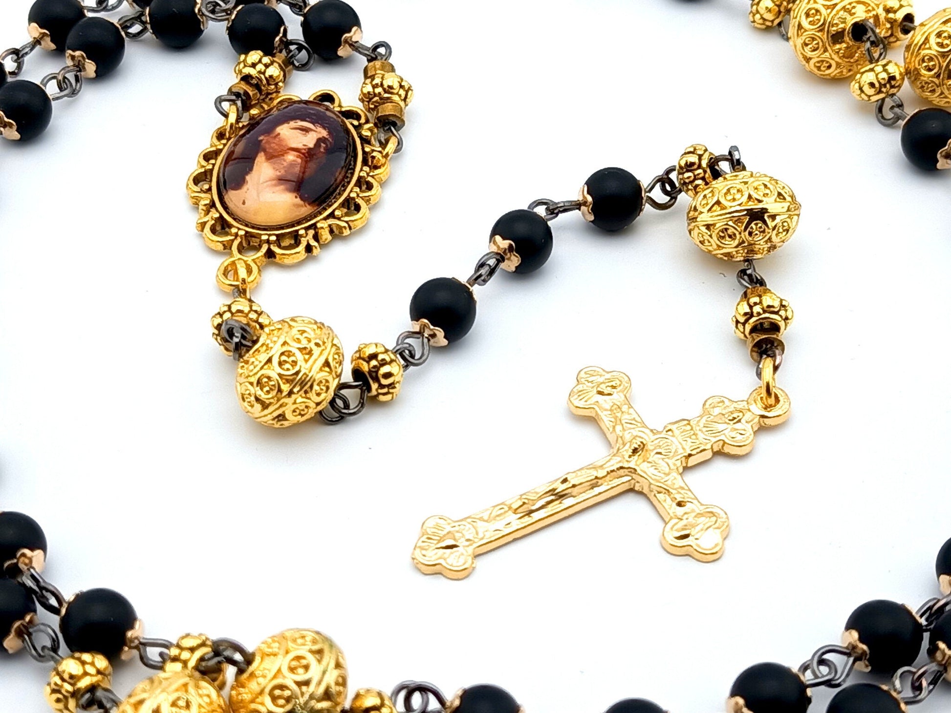Crown of Thorns unique rosary beads with black onyx and gold beads, golden crucifix and picture centre medal.
