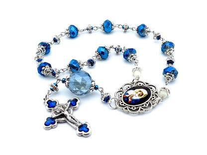 Our Lady of Sorrows unique rosary beads single decade rosary with silver blue and glass beads, silver and blue enamel crucifix and picture centre medal.