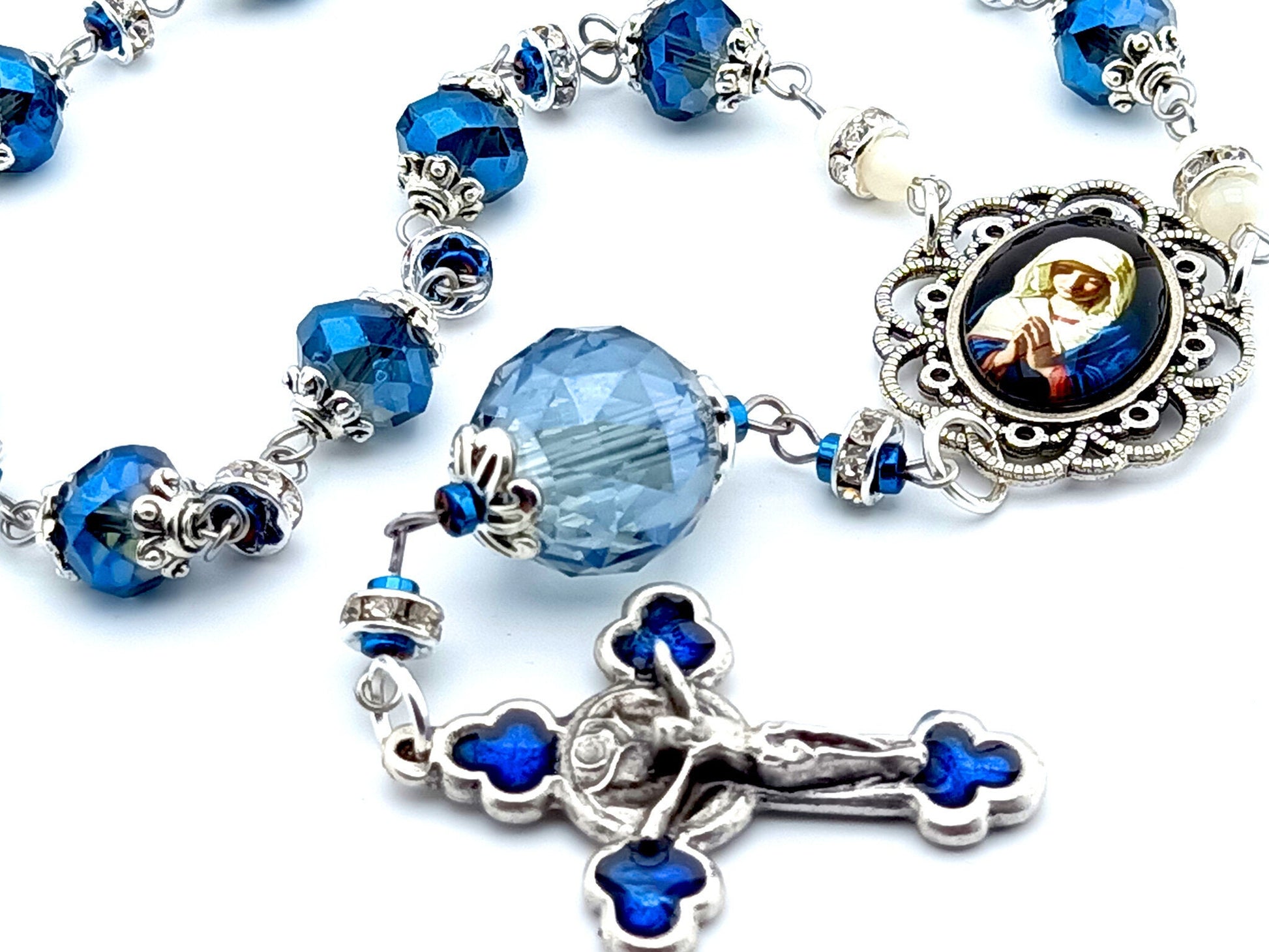 Our Lady of Sorrows unique rosary beads single decade rosary with silver blue and glass beads, silver and blue enamel crucifix and picture centre medal.