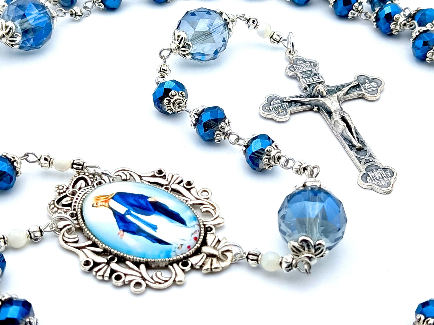 Our Lady of Grace unique rosary beads with blue faceted glass and pearl beads with silver four basilicas crucifix and picture centre medal.