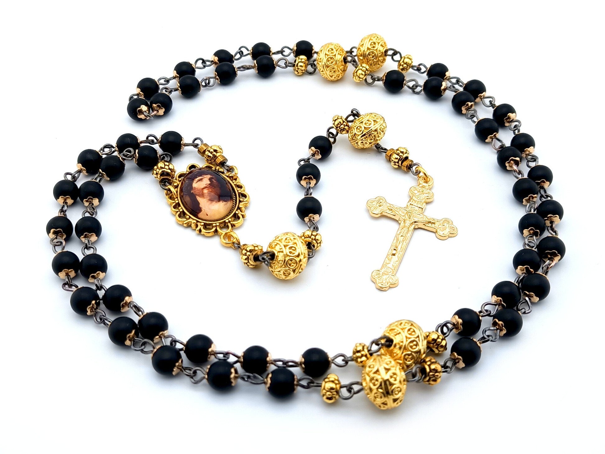 Crown of Thorns unique rosary beads with black onyx and gold beads, golden crucifix and picture centre medal.