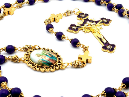 Immaculate Heart of Mary unique rosary beads with purple gemstone beads, golden cross pater beads, picture centre medal and crucifix.