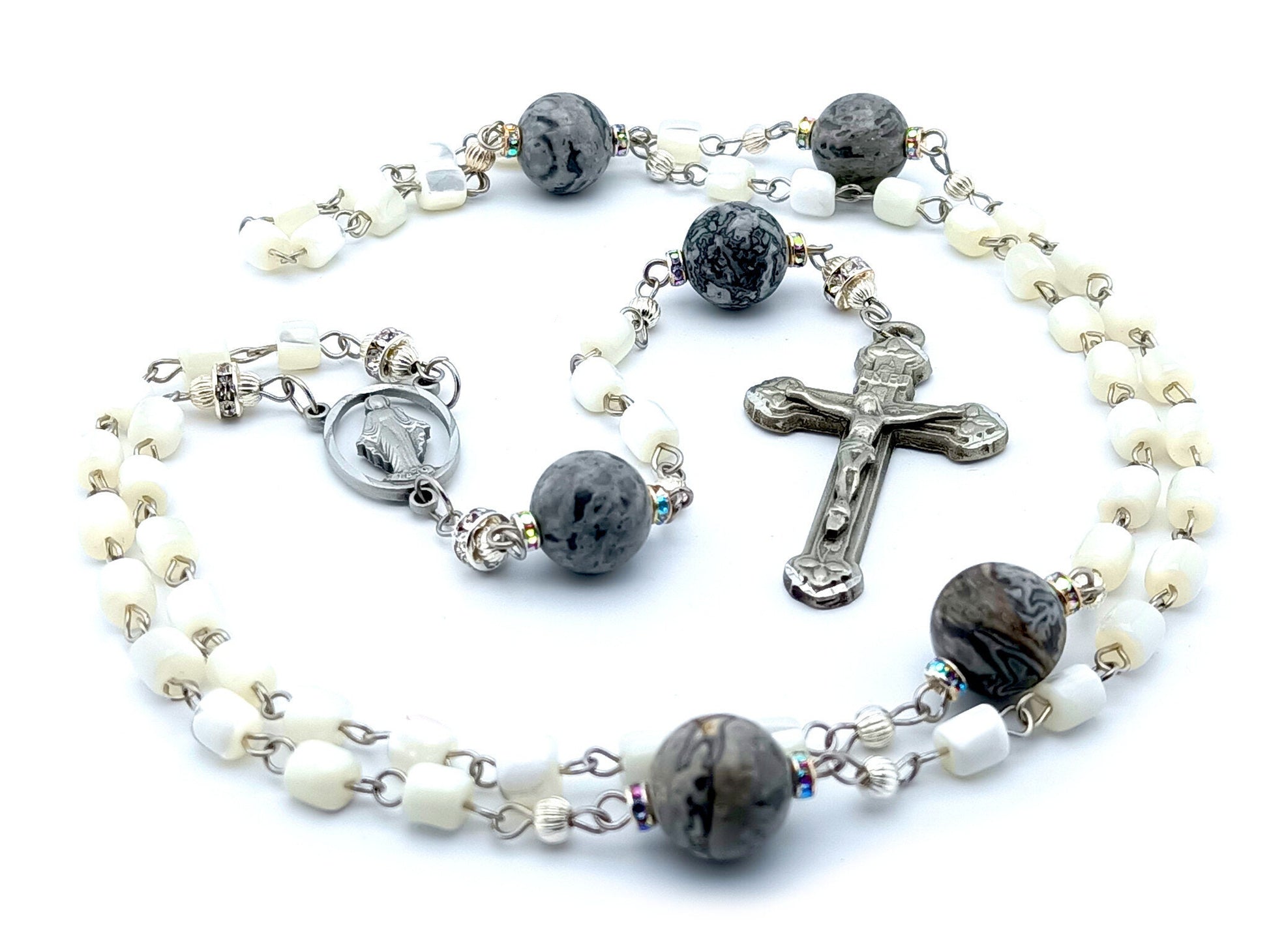 Miraculous Medal unique rosary beads with mother of pearl beads, agate pater beads, pewter centre medal and crucifix.