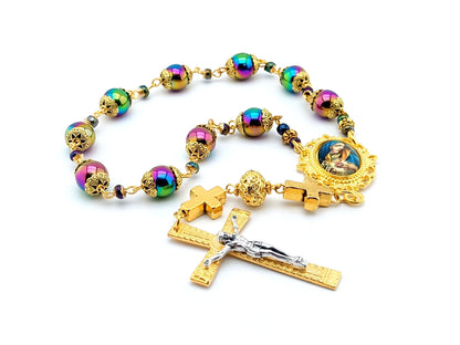 Our Lady of Sorrows unique rosary beads single decade rosary with multi coloured hemitite beads , golden bead caps, picture centre medal and crucifix.