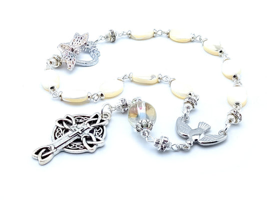 Holy Spirit unique rosary beads single decade rosary with mother of pearl beads, silver Celtic cross, Holy Spirit centre and butterfly clasp.