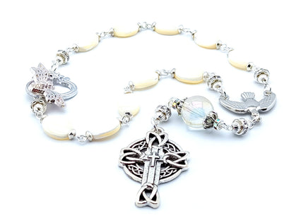 Holy Spirit unique rosary beads single decade rosary with mother of pearl beads, silver Celtic cross, Holy Spirit centre and butterfly clasp.