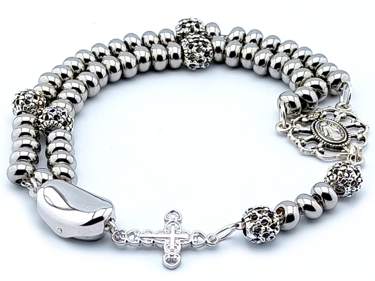 Genuine 925 Sterling silver unique rosary beads bracelet with stainless steel beads, 925 silver Miraculous medal, cross and spring clasp.