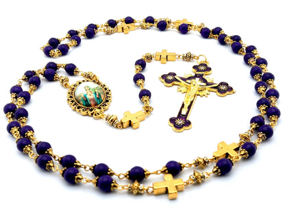 Immaculate Heart of Mary unique rosary beads with purple gemstone beads, golden cross pater beads, picture centre medal and crucifix.