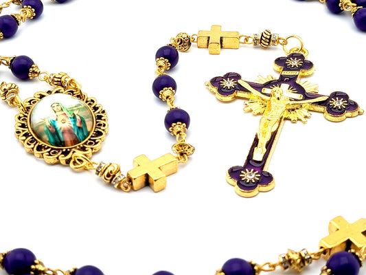 Immaculate Heart of Mary unique rosary beads with purple gemstone beads, golden cross pater beads, picture centre medal and crucifix.