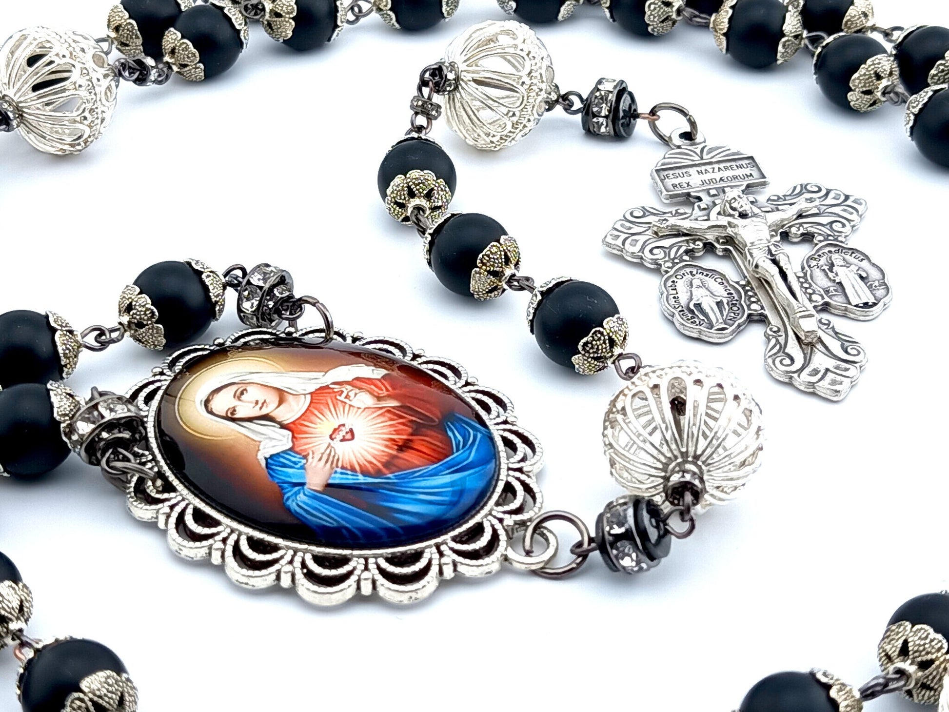 Immaculate Heart of Mary unique rosary beads with onyx gemstone beads, silver filigree pater beads, picture centre medal and pardon crucifix.