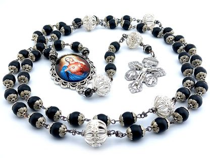 Immaculate Heart of Mary unique rosary beads with onyx gemstone beads, silver filigree pater beads, picture centre medal and pardon crucifix.