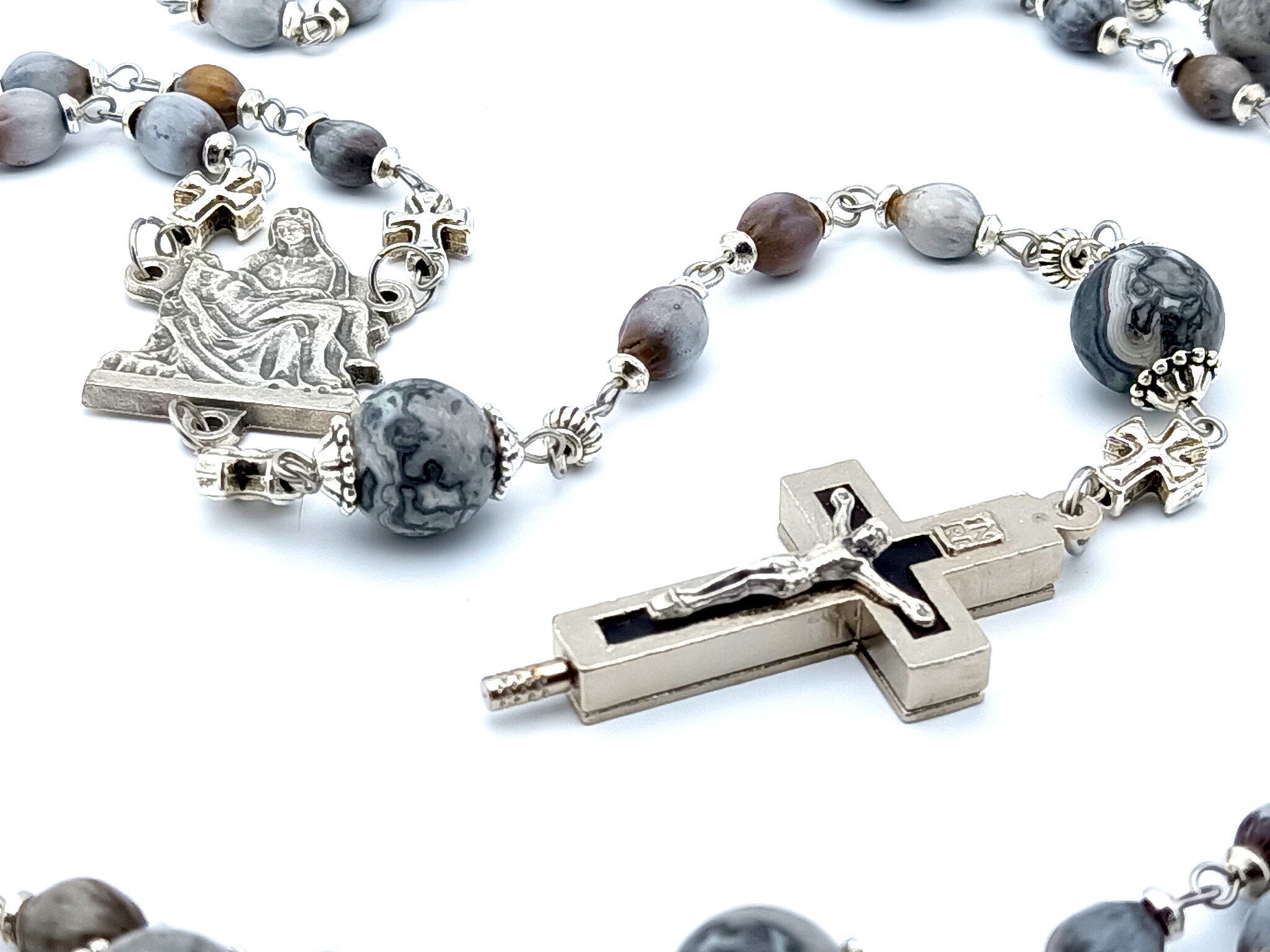 La Pieta unique rosary beads with Jobs Tears beads, agate gemstone pater beads, silver centre medal and relic crucifix.