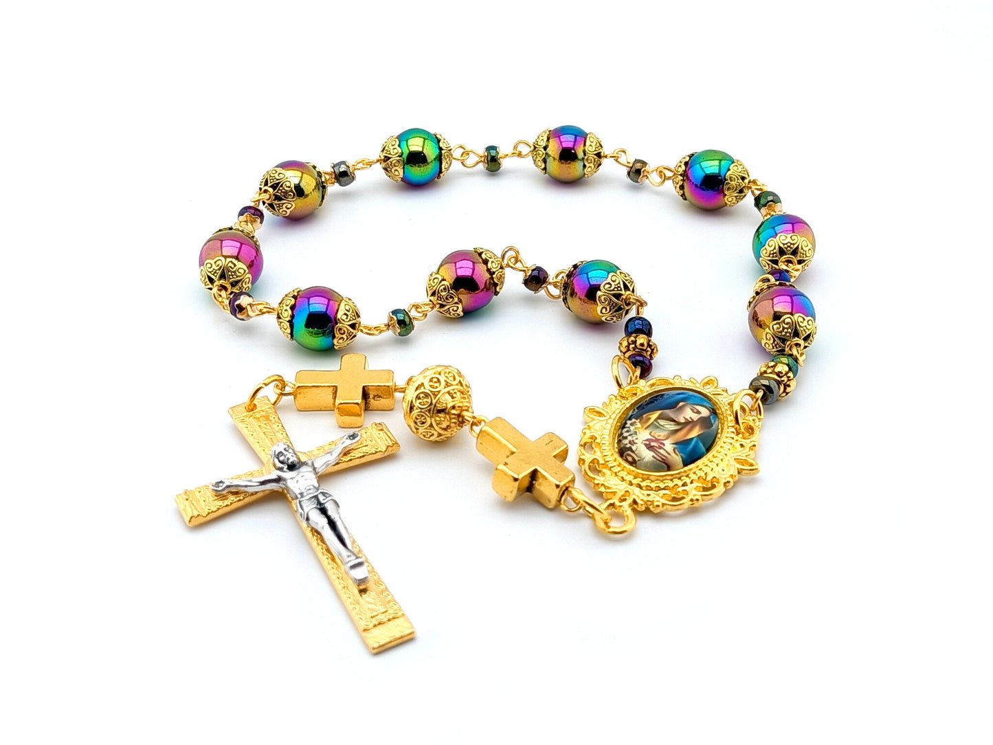 Our Lady of Sorrows unique rosary beads single decade rosary with multi coloured hemitite beads , golden bead caps, picture centre medal and crucifix.
