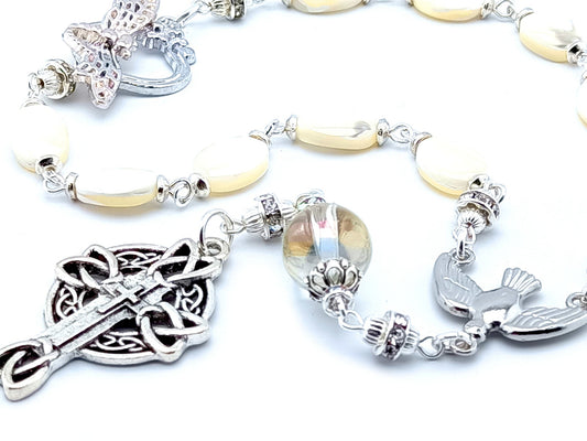 Holy Spirit unique rosary beads single decade rosary with mother of pearl beads, silver Celtic cross, Holy Spirit centre and butterfly clasp.