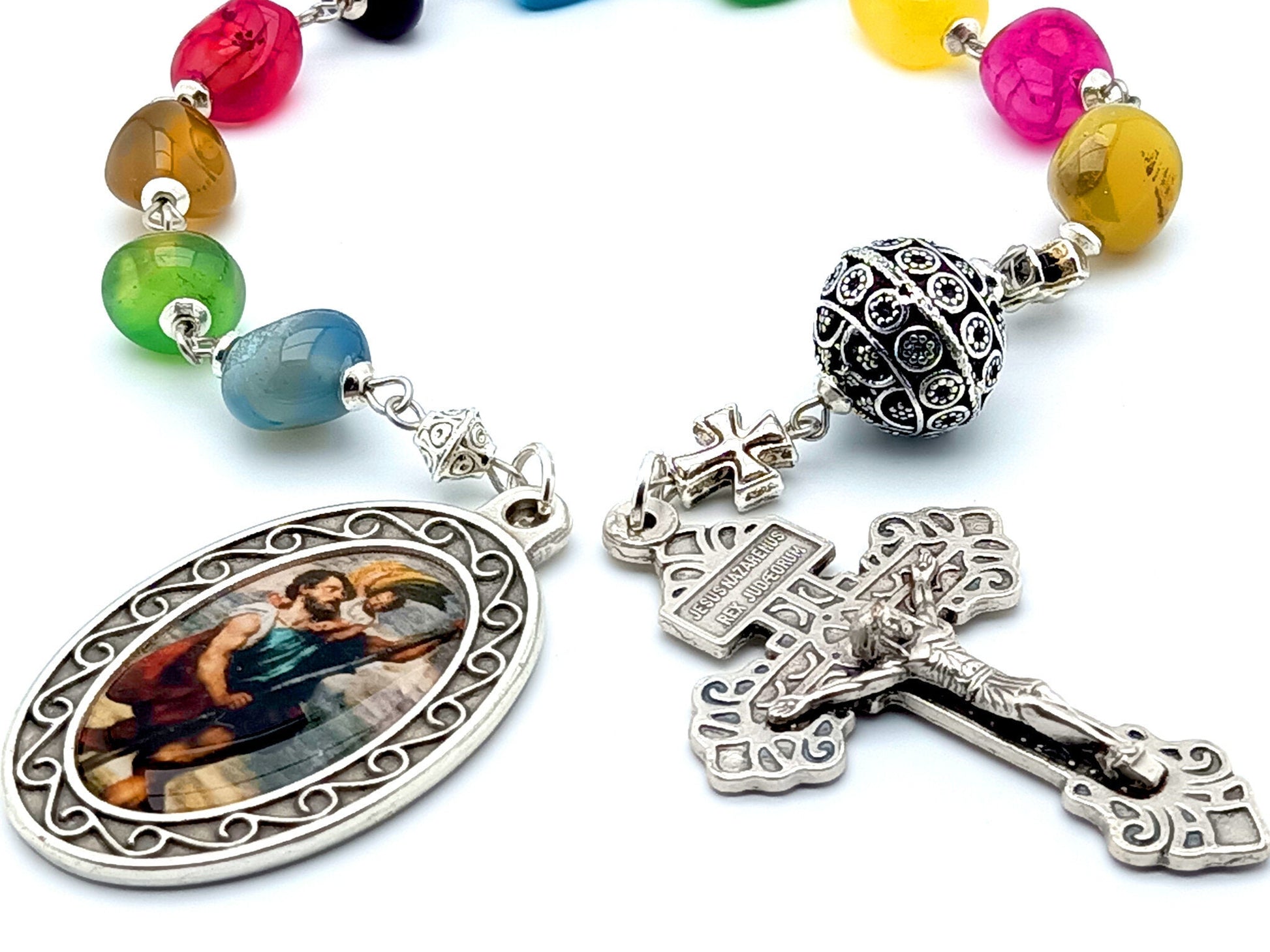 Saint Christopher unique rosary beads single decade tenner rosary with multi coloured gemstone beads, silver pater bead, pardon crucifix and picture centre medal.