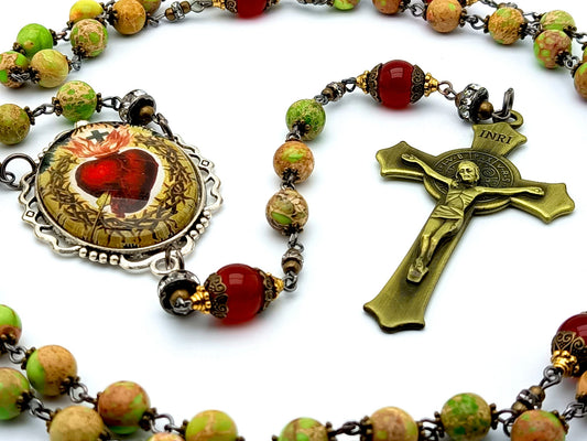 Sacred Heart of Jesus unique rosary beads with green jasper gemstone and ruby precious stone beads, brass Saint Benedict crucifix and large picture centre medal.