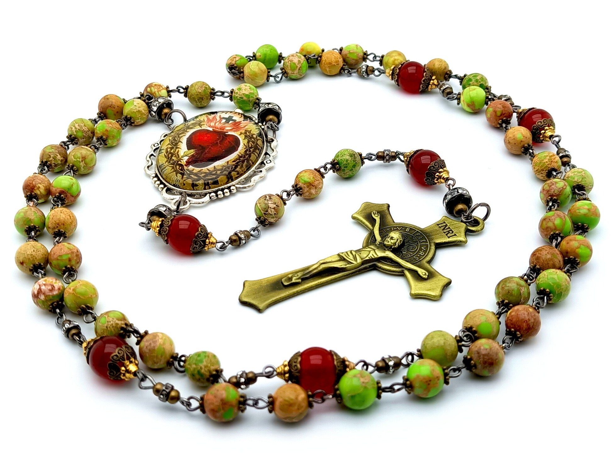 Sacred Heart of Jesus unique rosary beads with green jasper gemstone and ruby precious stone beads, brass Saint Benedict crucifix and large picture centre medal.
