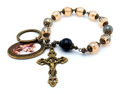 Saint Michael unique rosary beads single decade tenner rosary with pale gold glass and onyx beads, bronze crucifix and picture centre medal.