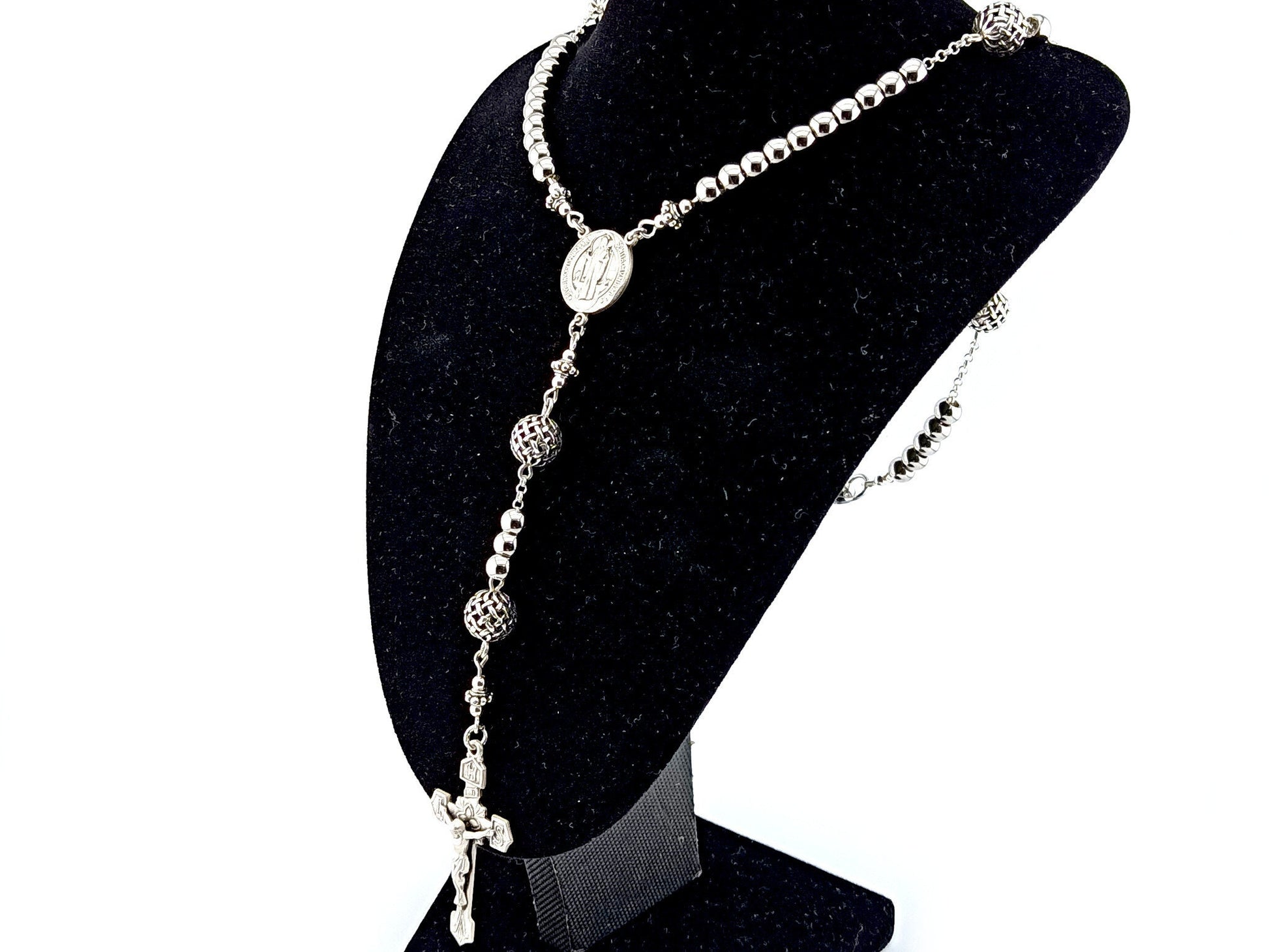 Saint Benedict unique rosary beads 925 sterling silver and stainless steel rosary bead necklace.