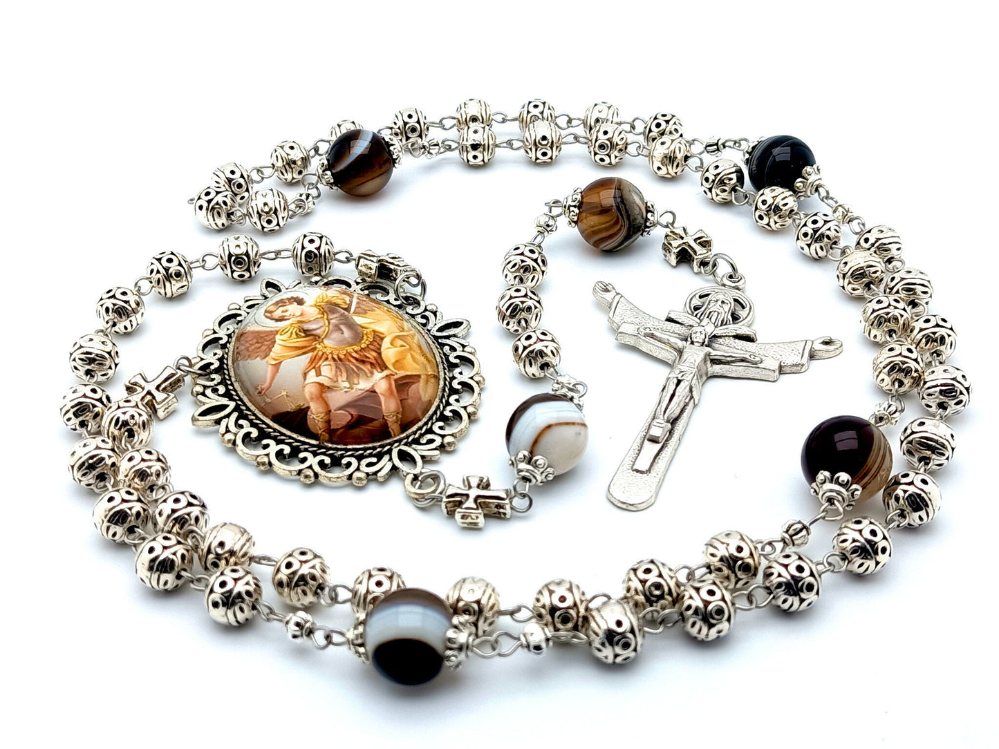 Saint Michael unique rosary beads with silver bali and gemstone beads, silver Trinity crucifix and picture centre medal.