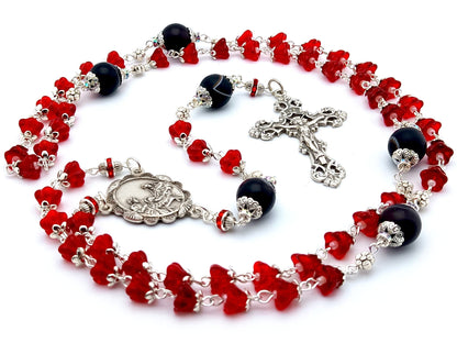 The Nativity unique rosary beads with red tulip glass and onyx beads, silver filigree crucifix and centre medal.