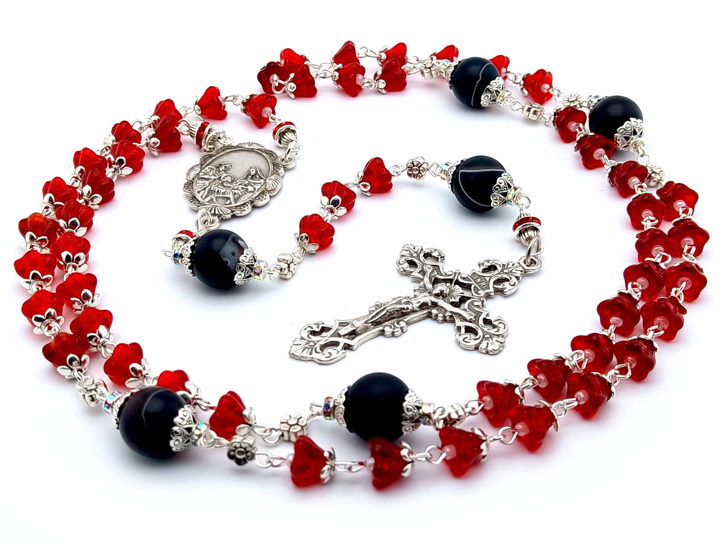 The Nativity unique rosary beads with red tulip glass and onyx beads, silver filigree crucifix and centre medal.