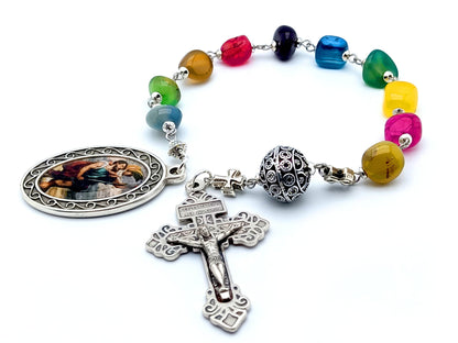 Saint Christopher unique rosary beads single decade tenner rosary with multi coloured gemstone beads, silver pater bead, pardon crucifix and picture centre medal.