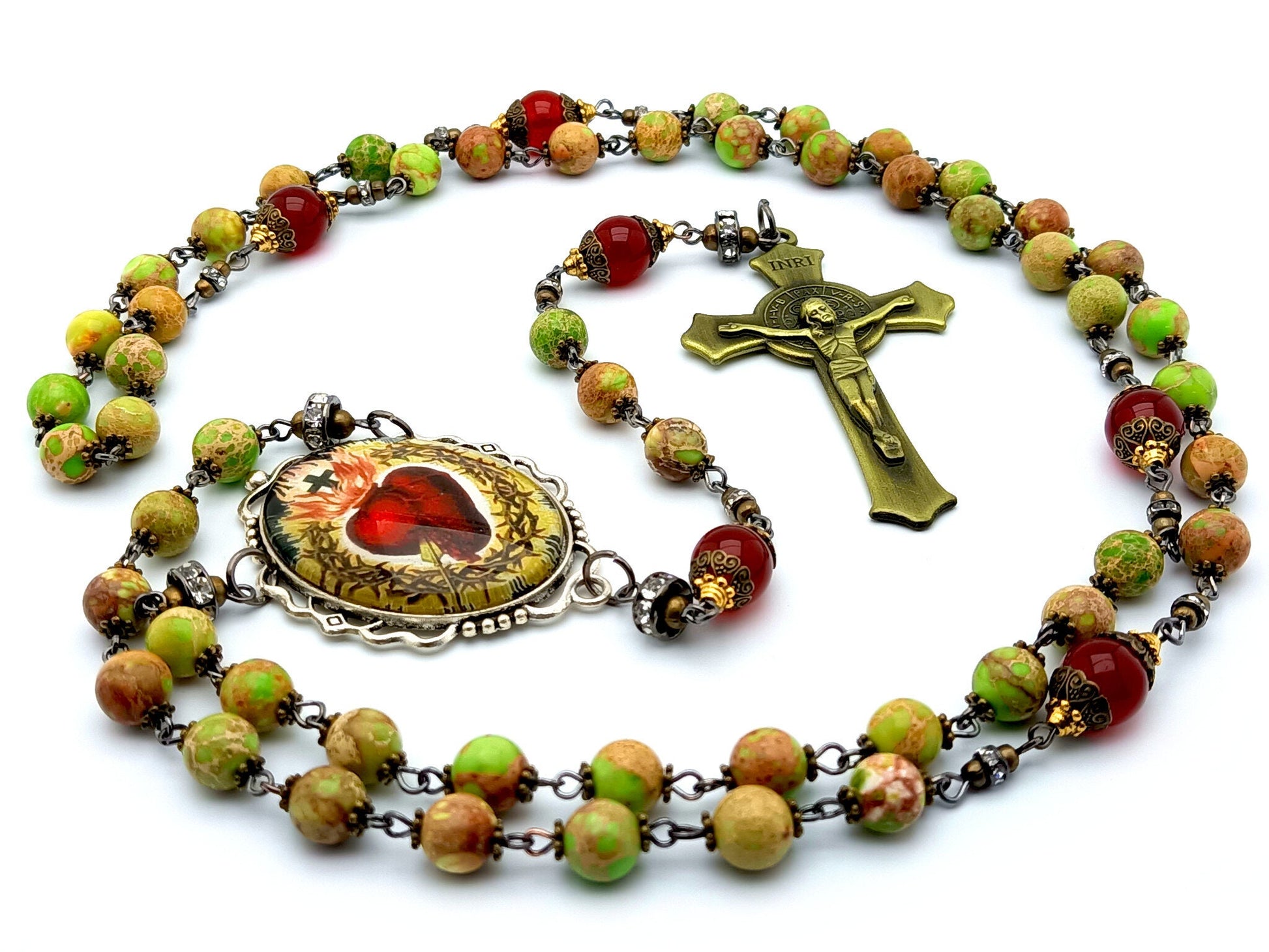 Sacred Heart of Jesus unique rosary beads with green jasper gemstone and ruby precious stone beads, brass Saint Benedict crucifix and large picture centre medal.