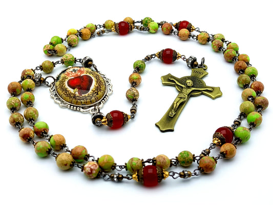 Sacred Heart of Jesus unique rosary beads with green jasper gemstone and ruby precious stone beads, brass Saint Benedict crucifix and large picture centre medal.