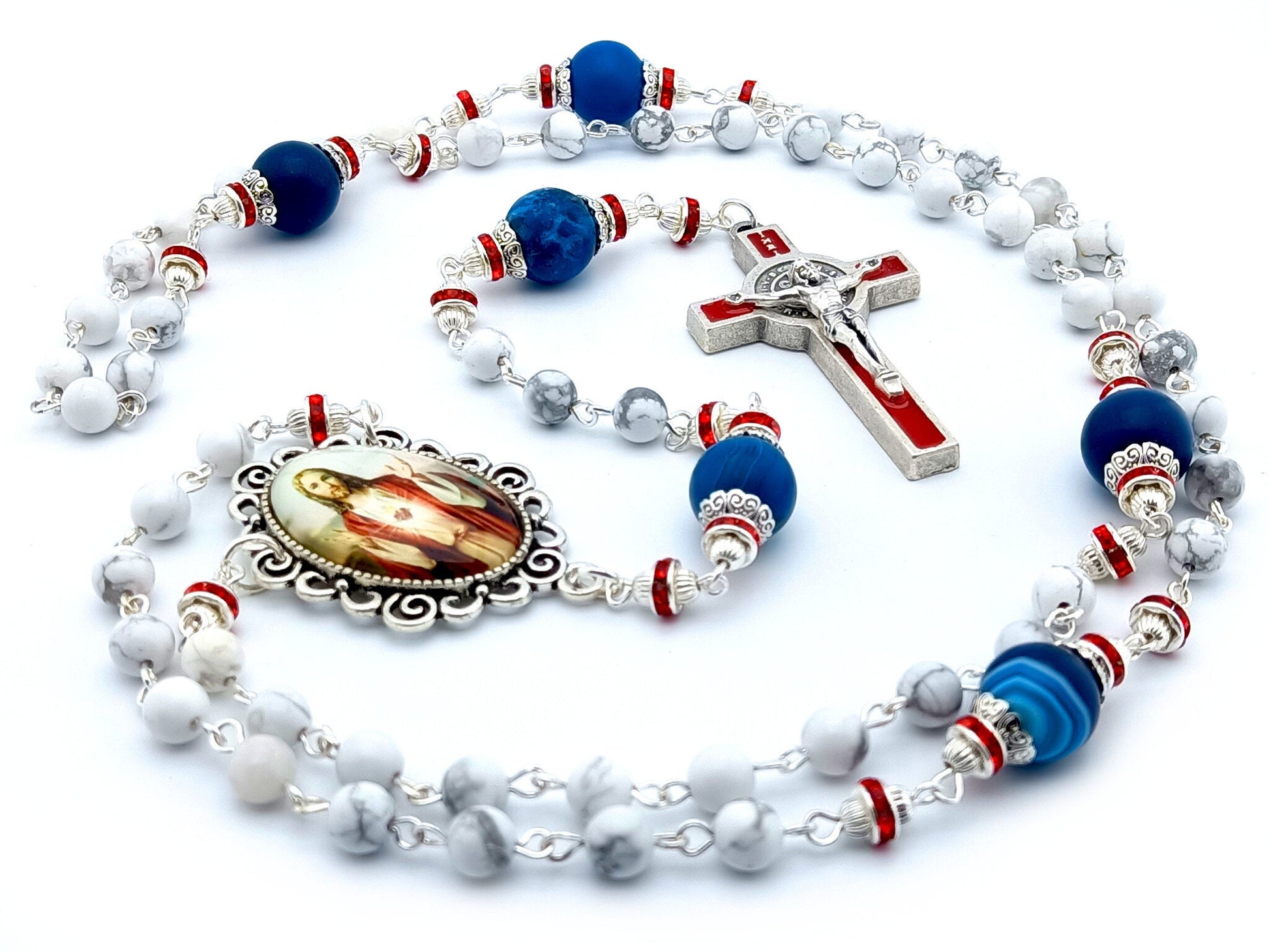 Sacred Heart of Jesus unique rosary beads with patriotic coloured gemstone beads, red enamel Saint Benedict crucifix and large picture centre medal.