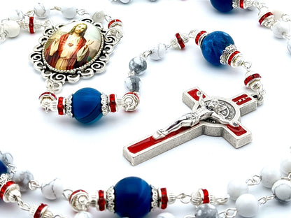 Sacred Heart of Jesus unique rosary beads with patriotic coloured gemstone beads, red enamel Saint Benedict crucifix and large picture centre medal.