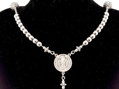 Saint Benedict unique rosary beads 925 sterling silver and stainless steel rosary bead necklace.