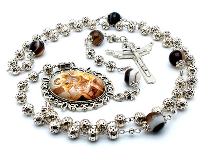 Saint Michael unique rosary beads with silver bali and gemstone beads, silver Trinity crucifix and picture centre medal.