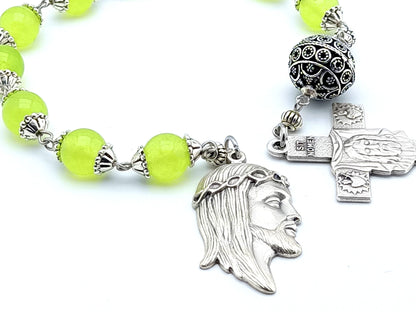 Holy Face of Jesus unique rosary beads single decade tenner rosary with peridot gemstone beads, silver pater bead, crucifix and Holy face medal.